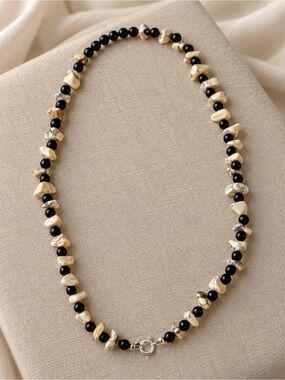 Handmade Black and Cream Beaded Necklace